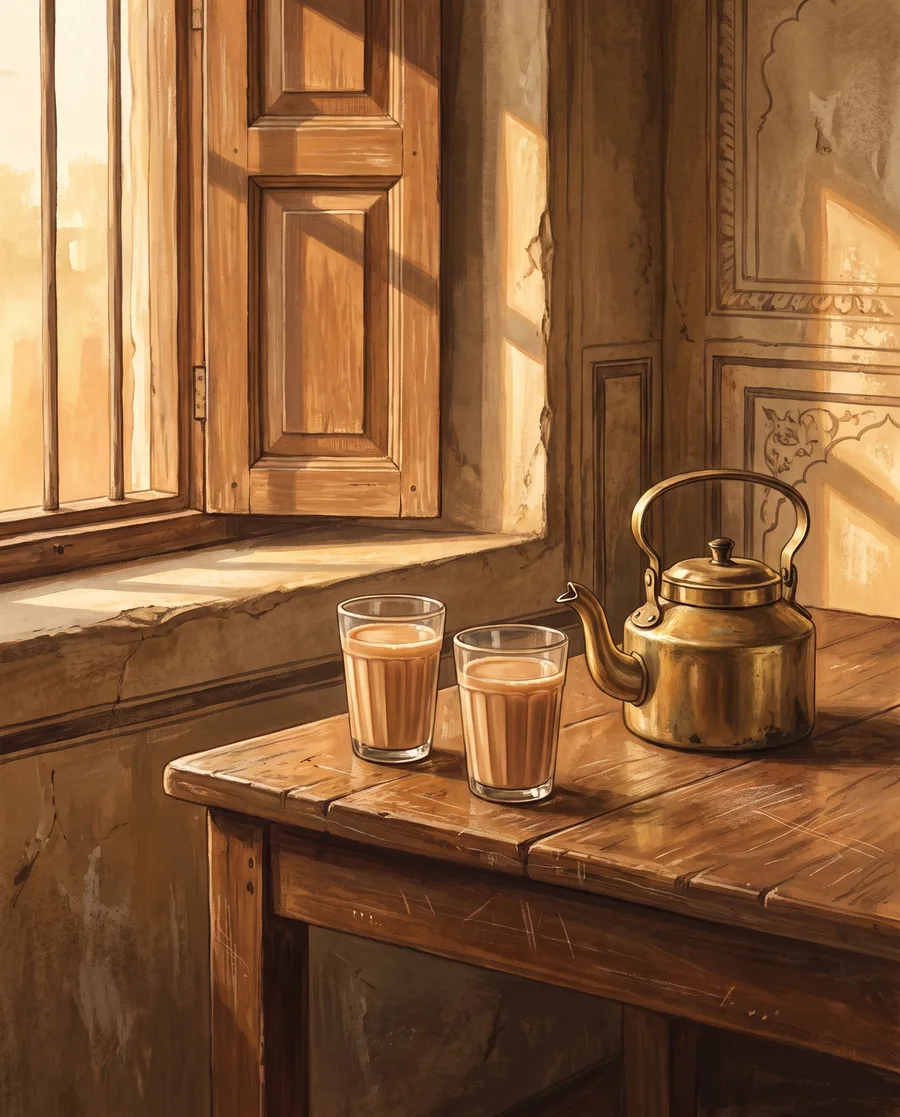 Two glasses of chai and a brass kettle on a corner table by a shuttered window, painted fresco