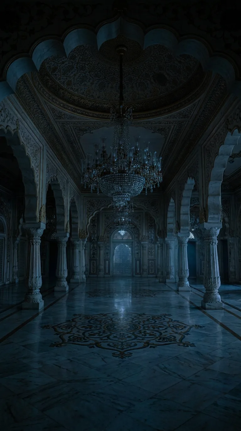 An unlit crystal chandelier hanging in a dark blue palace hall