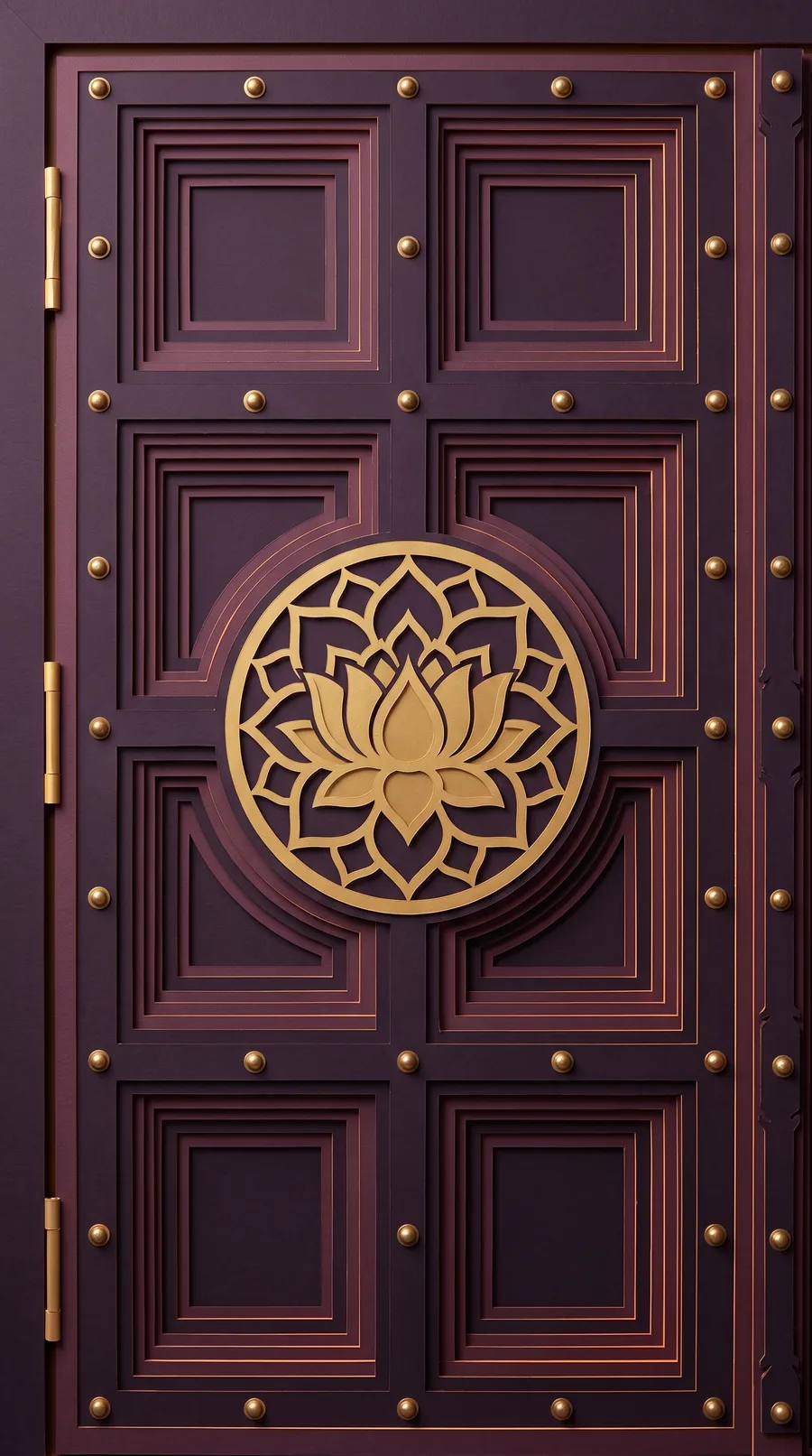 Carved papercraft temple door leaf in aubergine with a gold lotus medallion