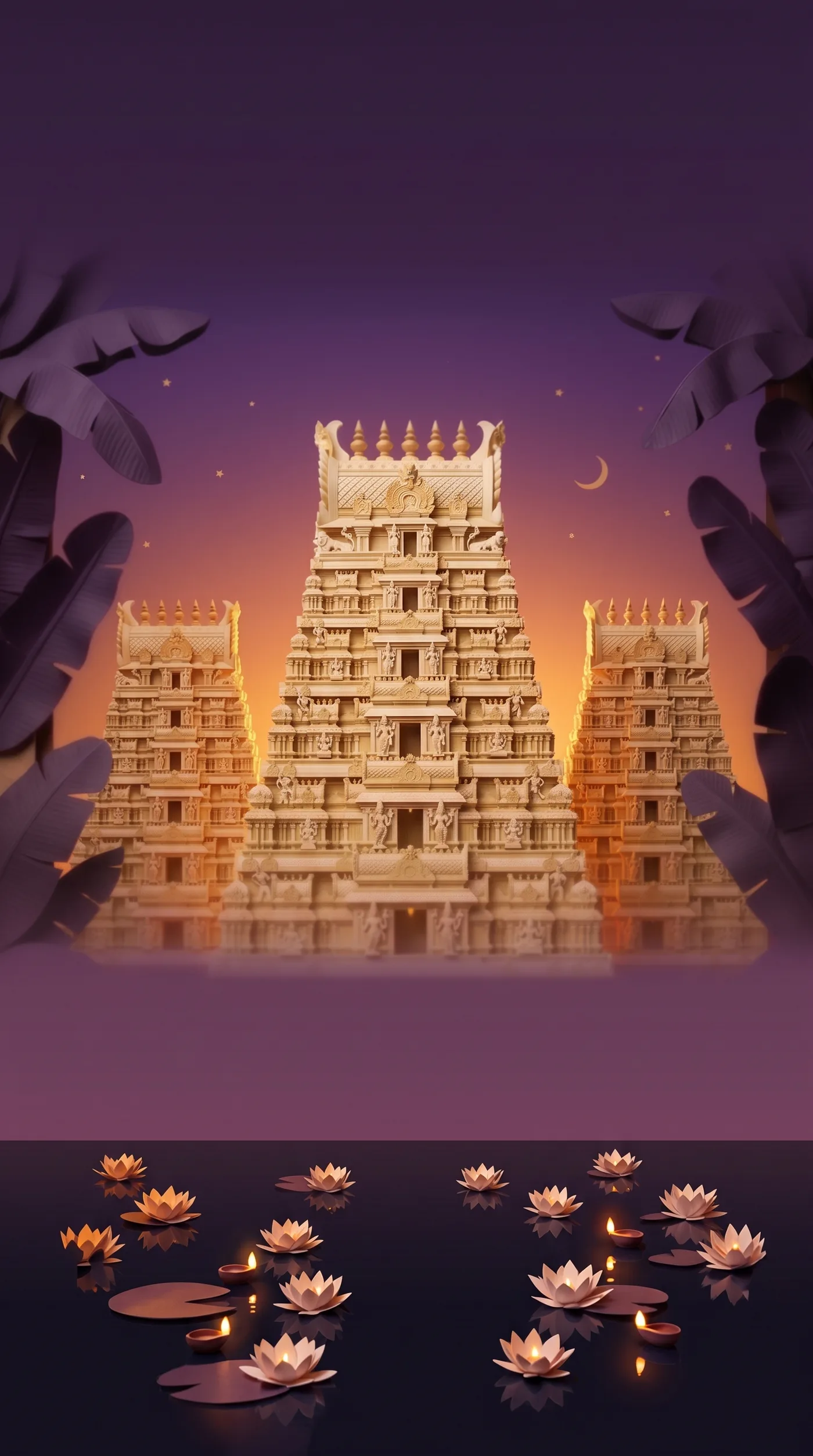 Papercraft lotus lamps floating on a dark temple tank at night