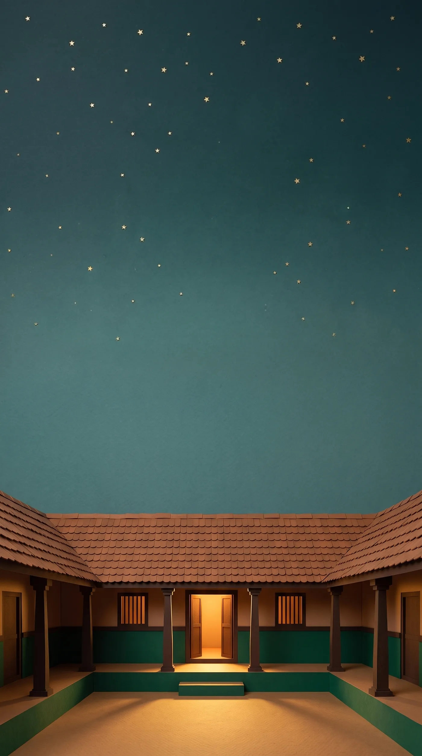 Paper-cut courtyard of an old Kerala tharavad under a starry teal sky, lamplight in the doorway