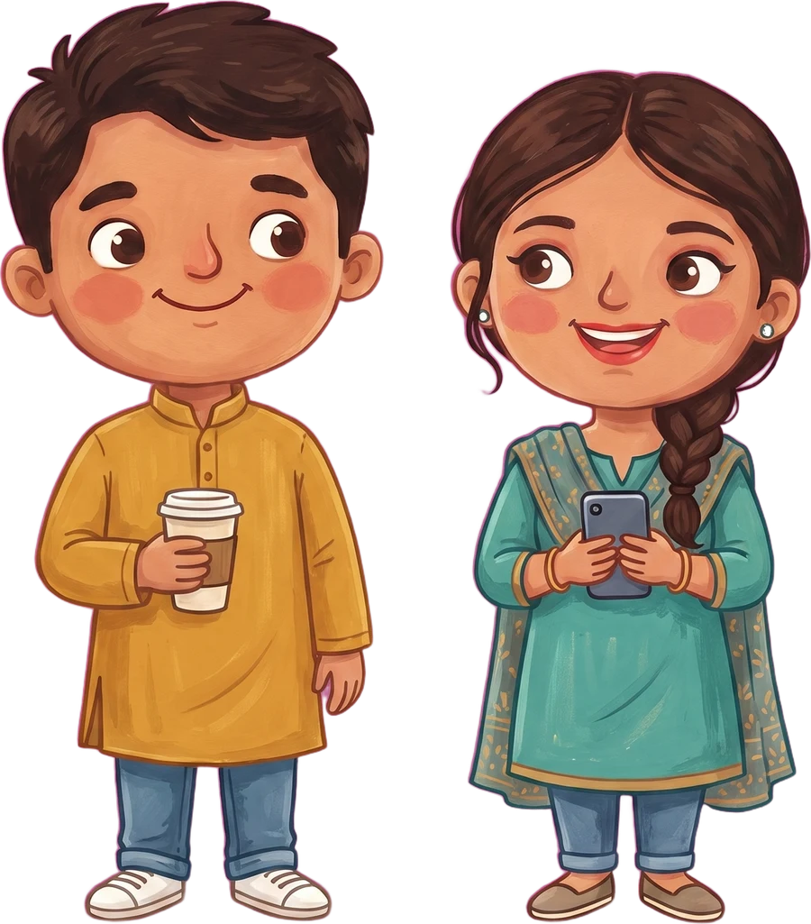 Advait and Kiara in everyday clothes, a kurta with jeans and a kurti with a dupatta, drawn as picture-book characters
