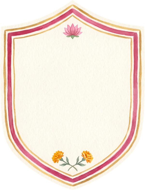 A painted cream shield crest with a pink and gold border, a lotus and marigolds, for the Joshi family