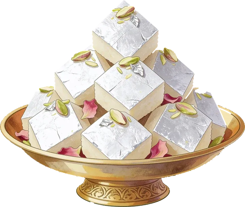 Brass thaal holding a pyramid of silver-leafed kaju katli diamonds