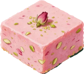 A square of pink rose barfi with a dried rosebud