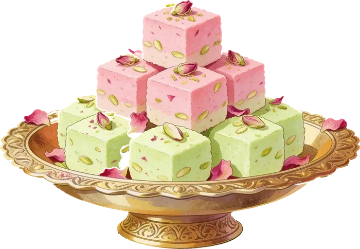 Small brass thaal with pink rose barfi and pistachio barfi cubes