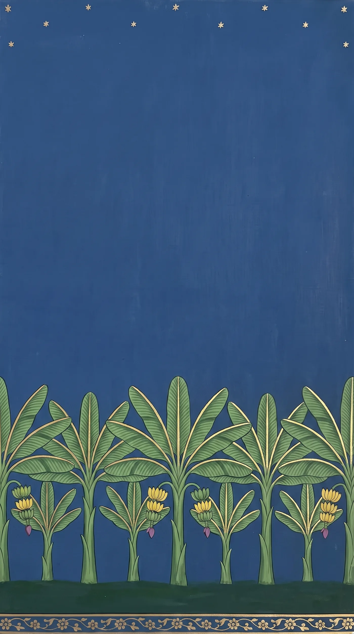 A banana grove with gold-veined leaves under an indigo sky, pichwai