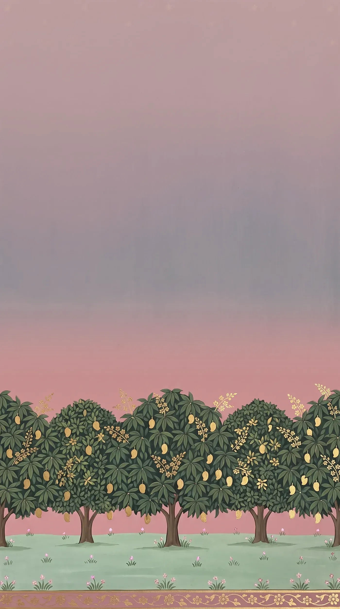 Mango grove under a rose dawn sky, pichwai