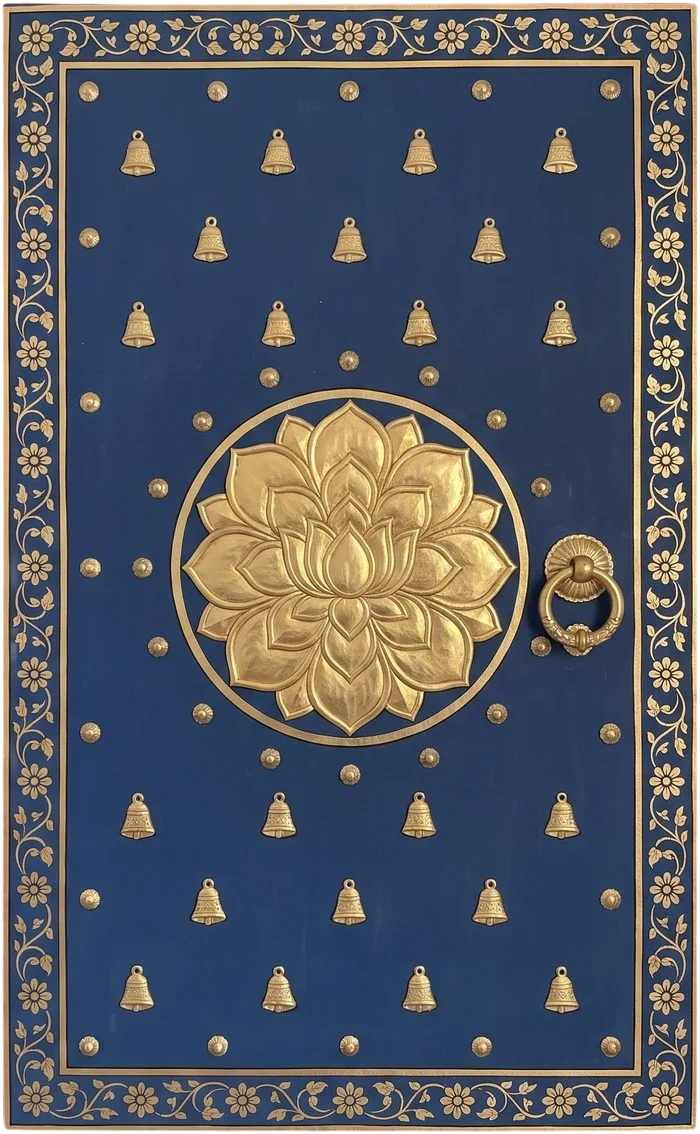 Left leaf of a painted temple door, indigo with a gold lotus medallion