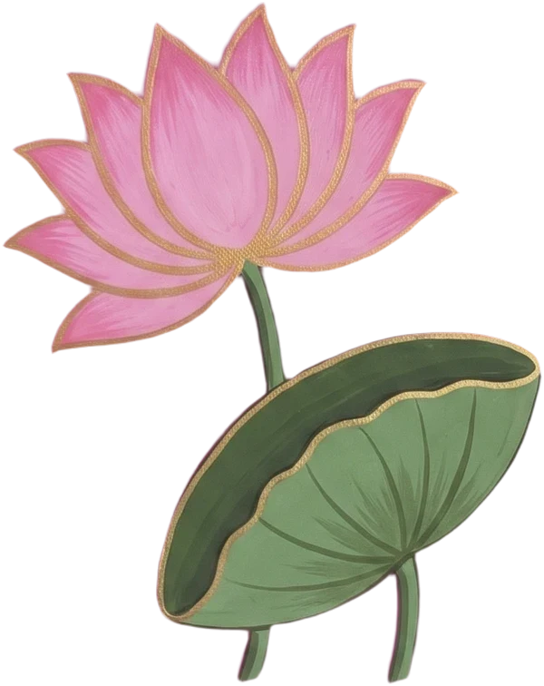 A pink lotus in bloom, painted in gold-outlined gouache