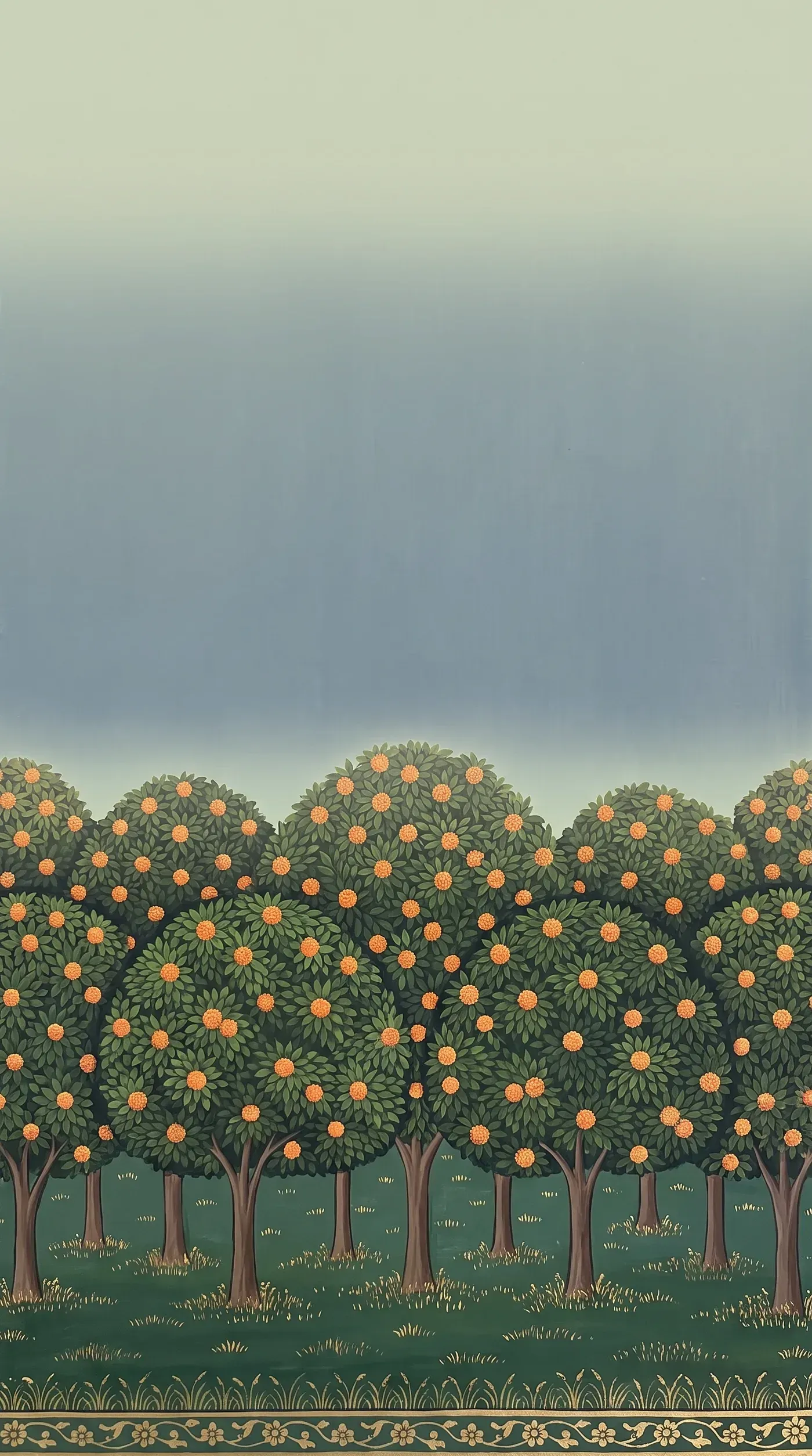 Kadamb grove at morning under a pale sage sky, pichwai