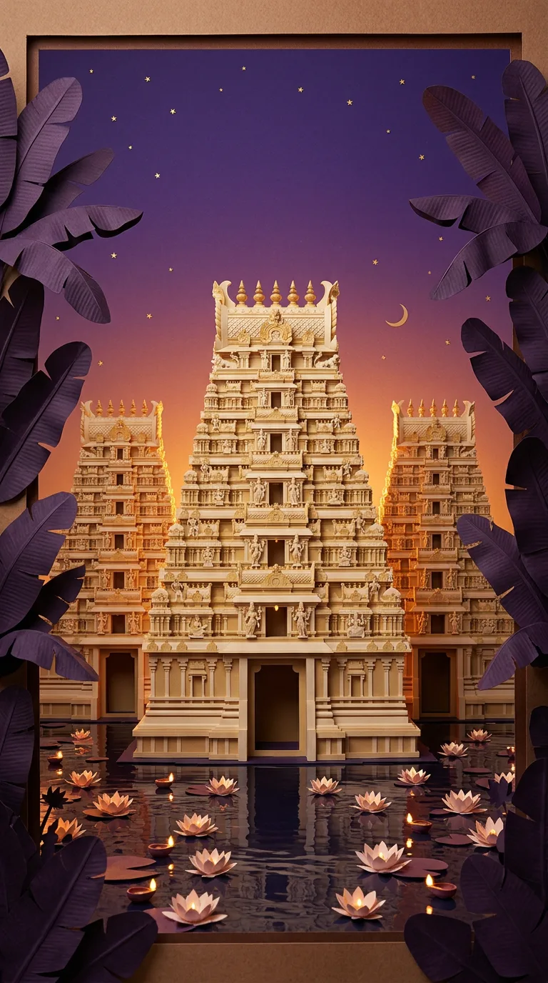 The papercraft gopurams again, seen across the water at the wedding hour