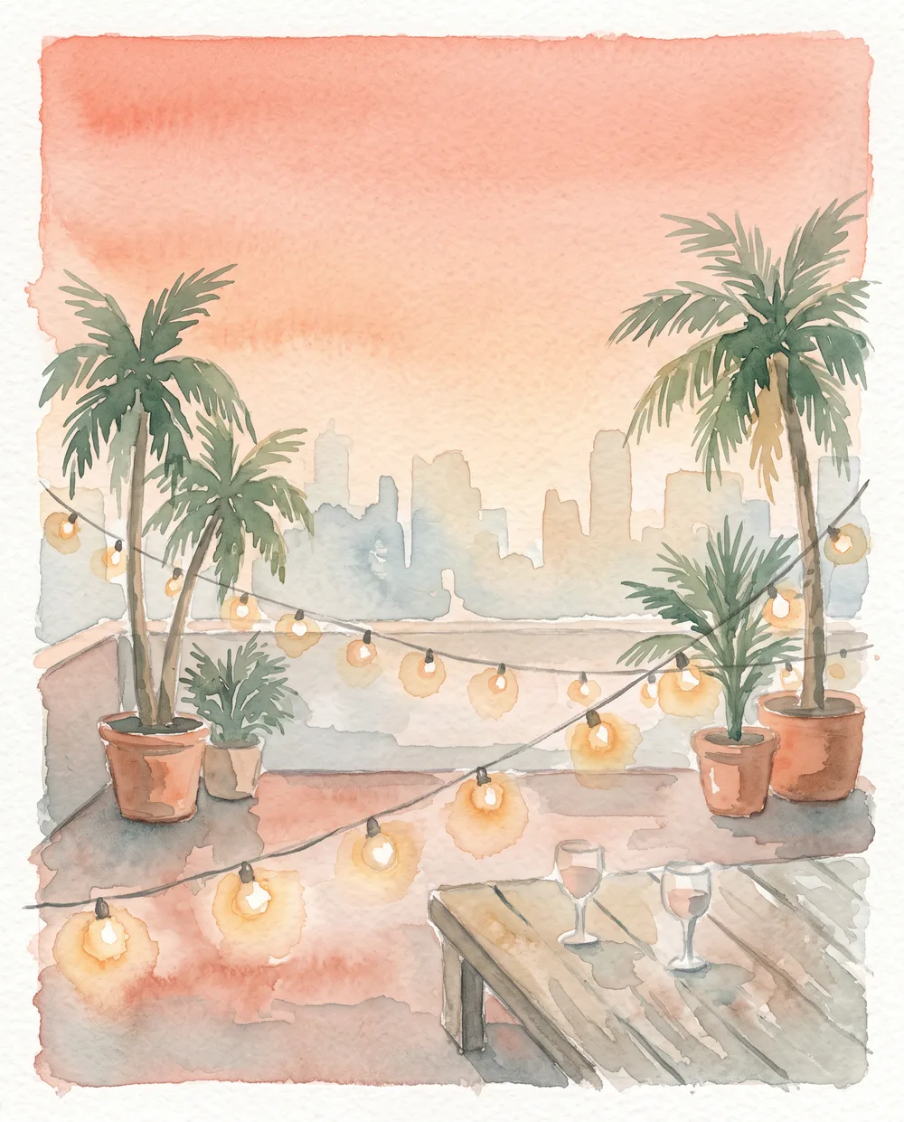 Watercolour of Zoya and Aryan from behind at a rooftop party, the city sky going orange