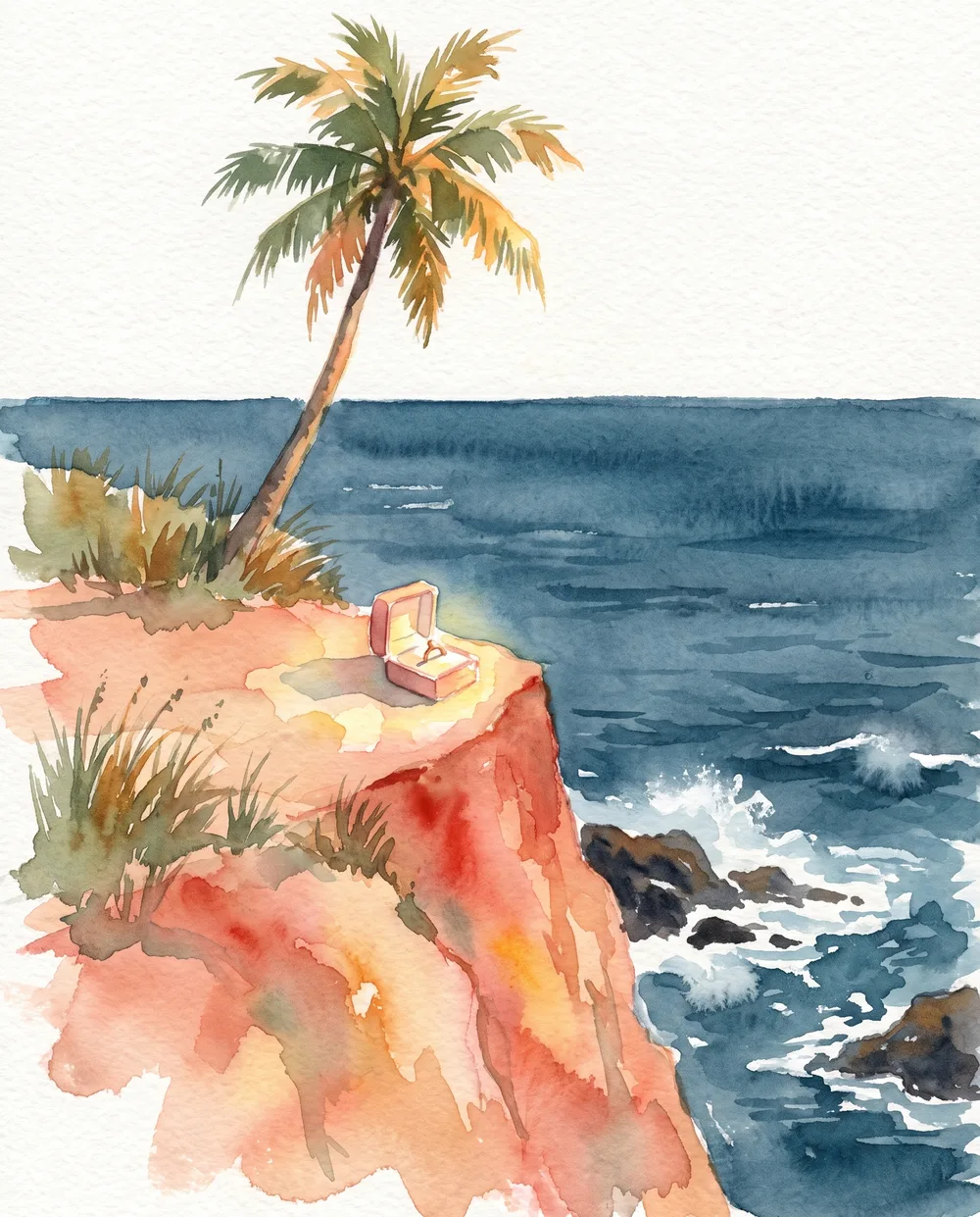 Watercolour of Aryan kneeling on the Vagator cliff at sunset, Zoya in front of him, the sea below
