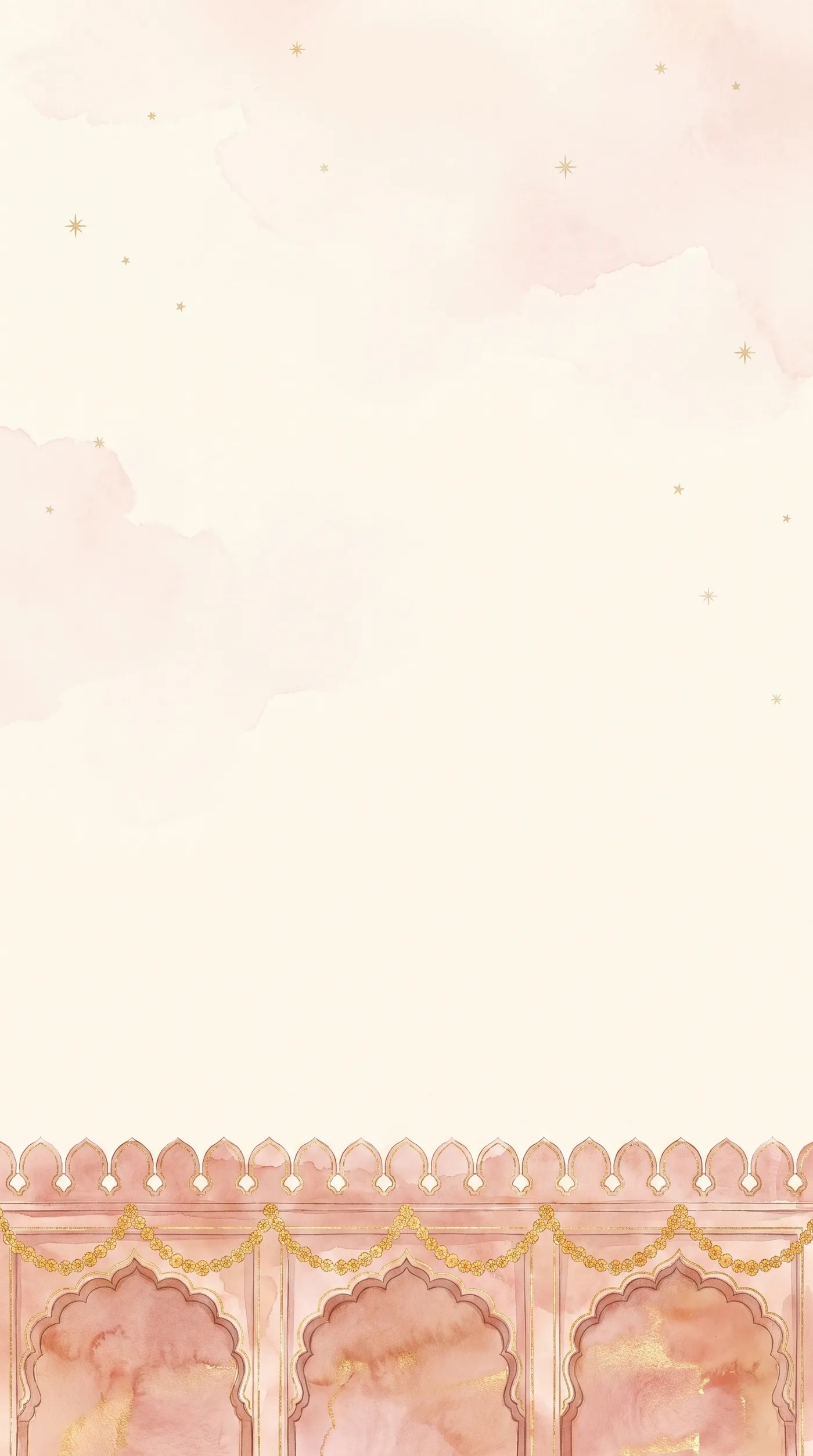 Pale ivory and blush watercolour wash with faint gold stars above a scalloped rose sandstone arcade strung with marigolds