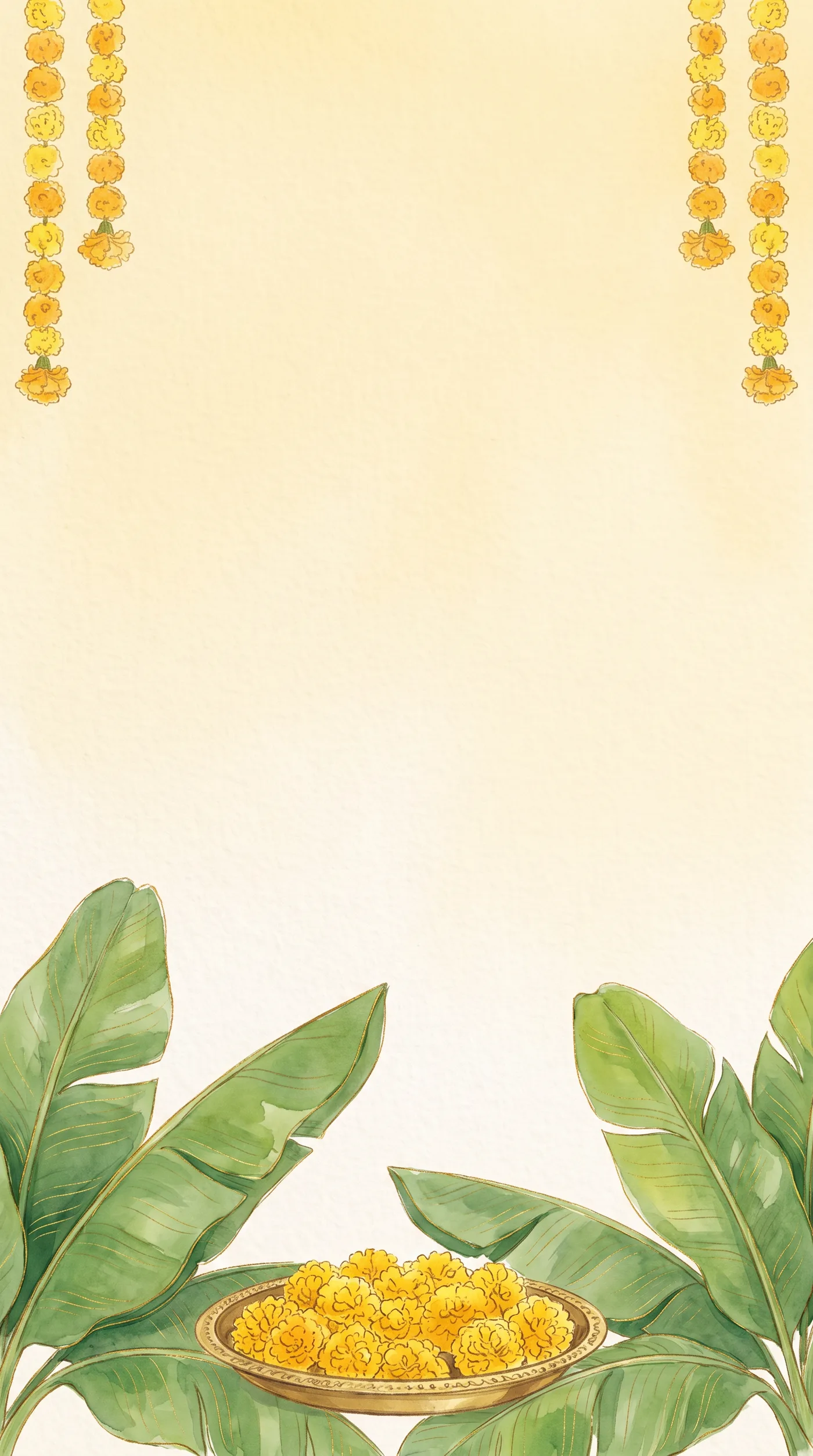 Turmeric yellow watercolour wash with marigold garlands hanging from the top corners and banana leaves around a brass thali of yellow petals