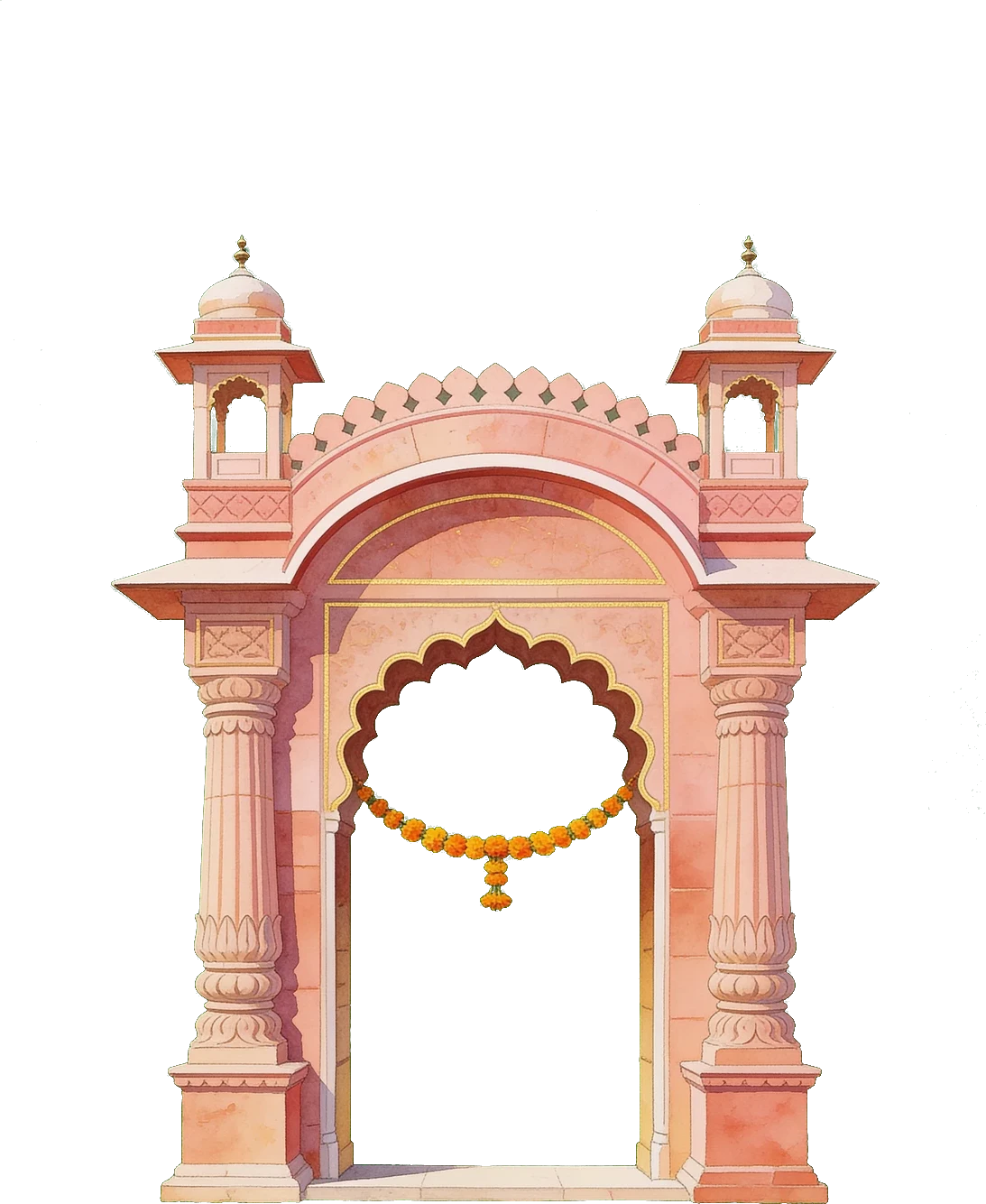 Painted rose sandstone entrance gate with two domed finials and a marigold garland