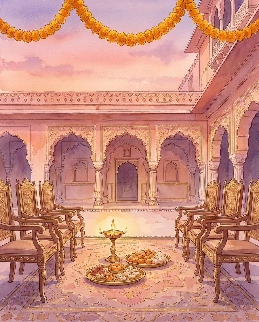 Two rows of empty carved chairs facing brass trays of sweets and a lit diya in a haveli courtyard