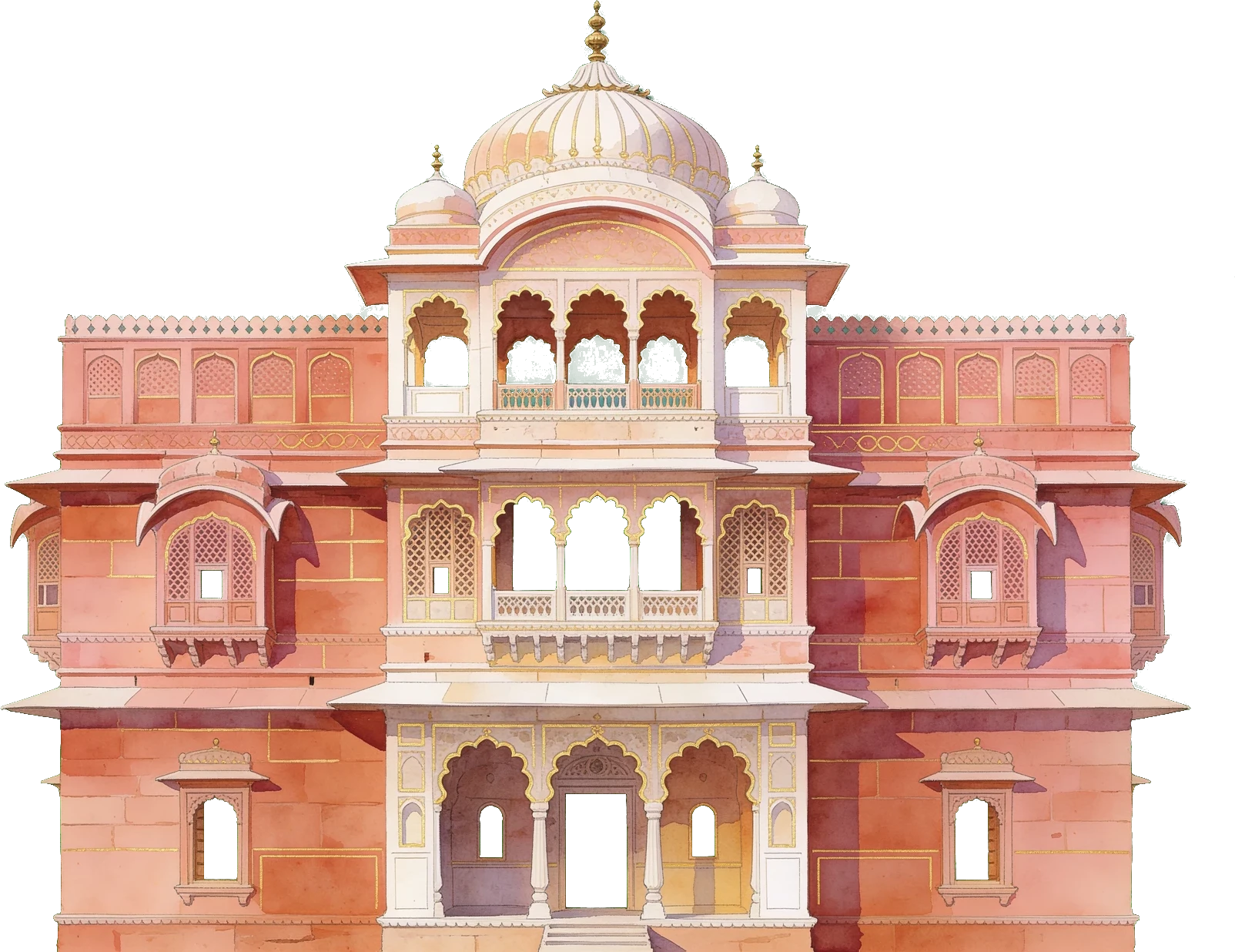 Architectural portrait of The Rose Garden, a rose sandstone haveli with a central dome, jharokha balconies and gold linework